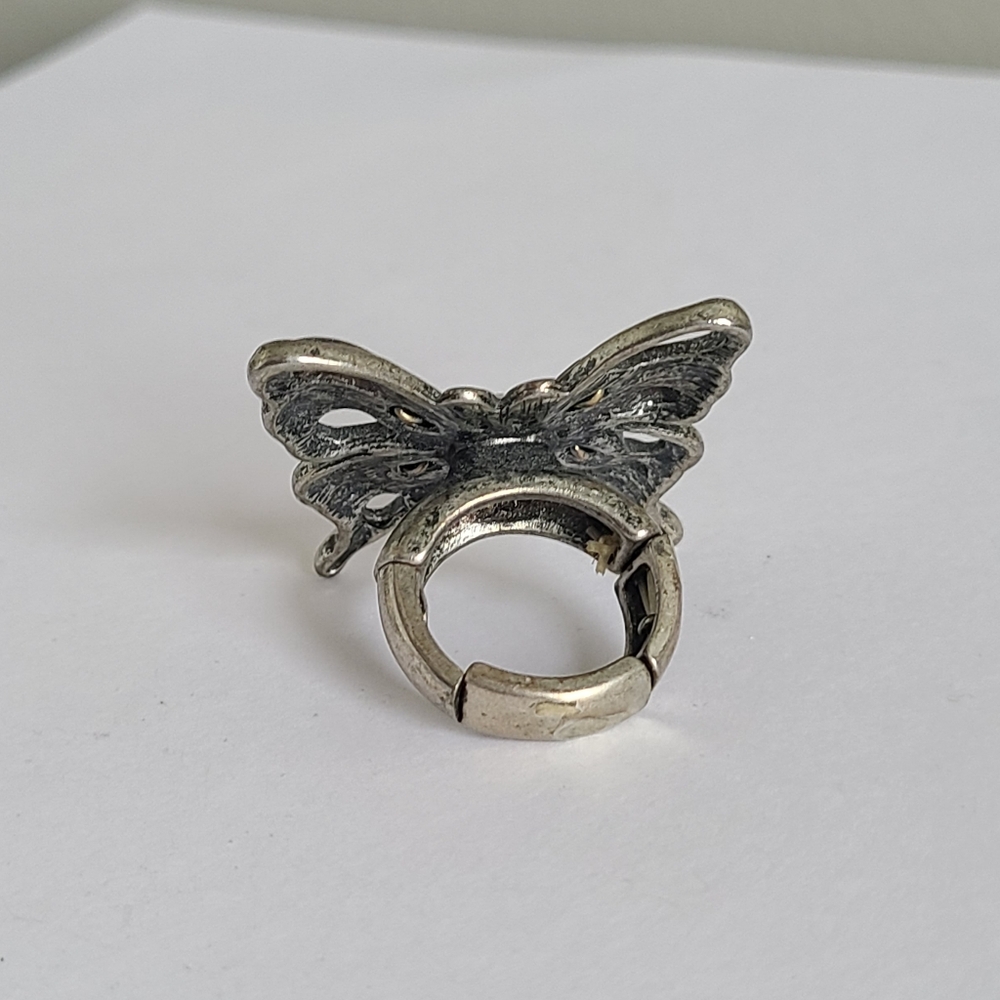 Vintage Dark Silver Tone Pewter Boho Chunky Openwork Rhinestone Butterfly Ring - Picture 5 of 15
